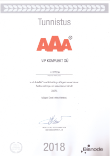 Vip Komplekt OÜ AAA sertifikaat
